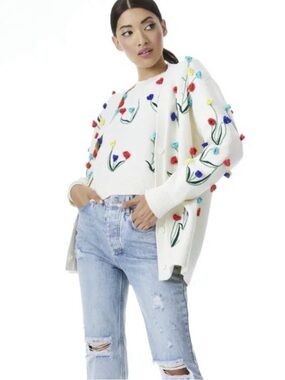 New Alice + Olivia | Bradford Crochet Grandpa Cardigan, Soft White/Multi | Sz S